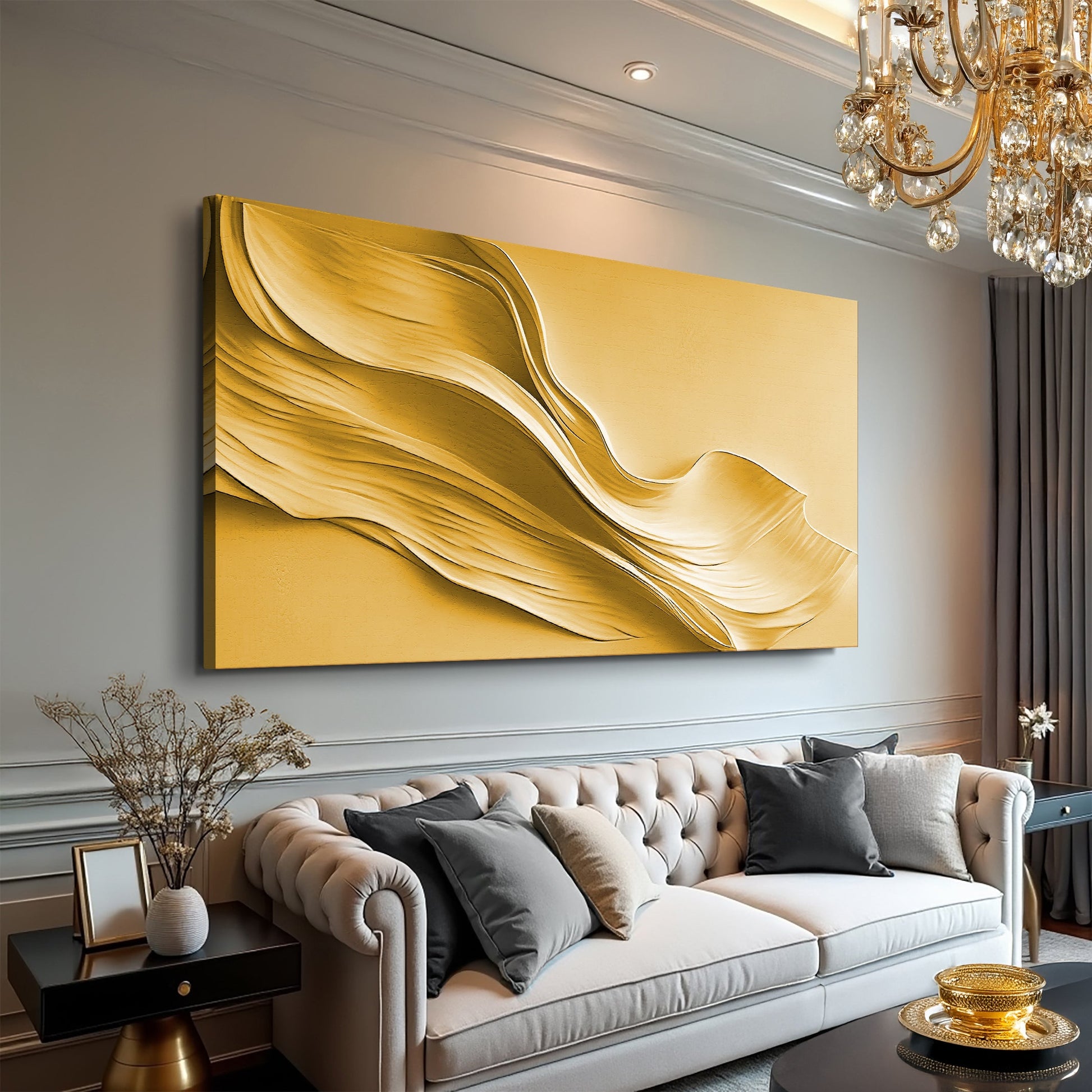 Gold Minimalist Wall Art II canvas with flowing gold abstract waves Tailored Canvases on Tampa Home & Garden Store
