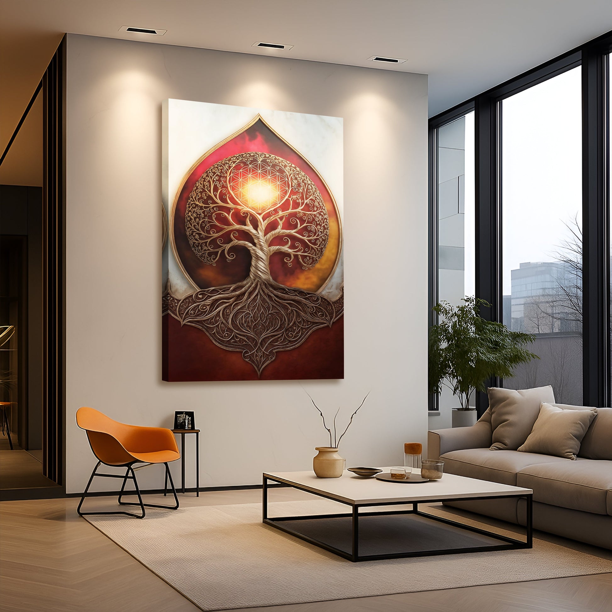 Tree of Life Sacred Geometry canvas by Tailored Canvases; gold tree mandala on deep red backdrop on Tampa Home & Garden Store