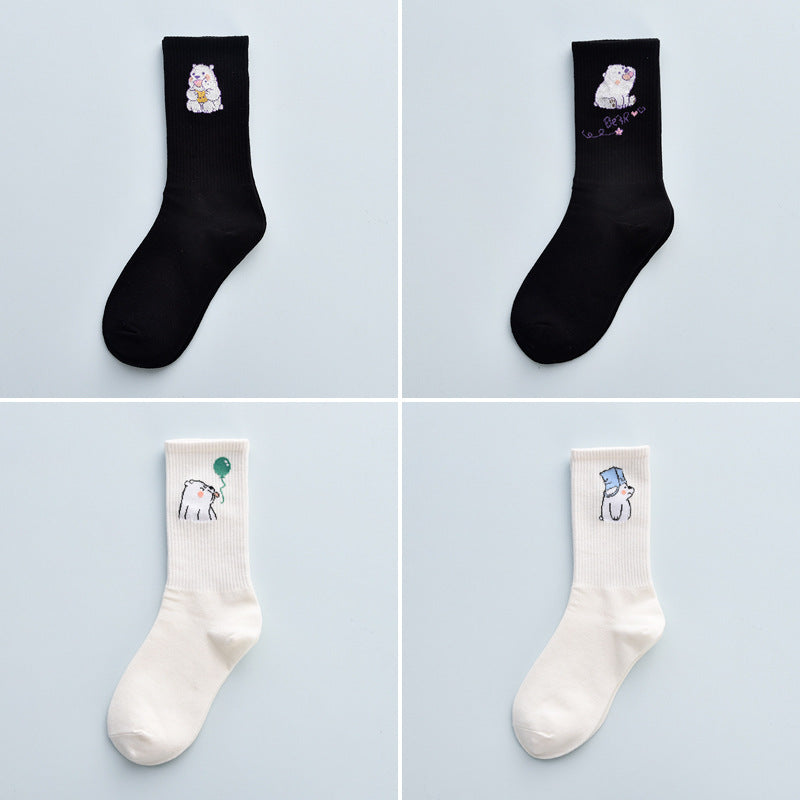 Stevvex 4-pair pure cotton crew socks with bear cartoon designs on black and white pairs on Tampa Home & Garden Store