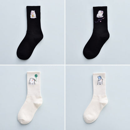 Stevvex 4-pair pure cotton crew socks with bear cartoon designs on black and white pairs on Tampa Home & Garden Store