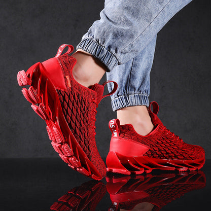 Stevvex men's athletic sneakers red breathable knit upper with chunky sole pair on Tampa Home & Garden Store