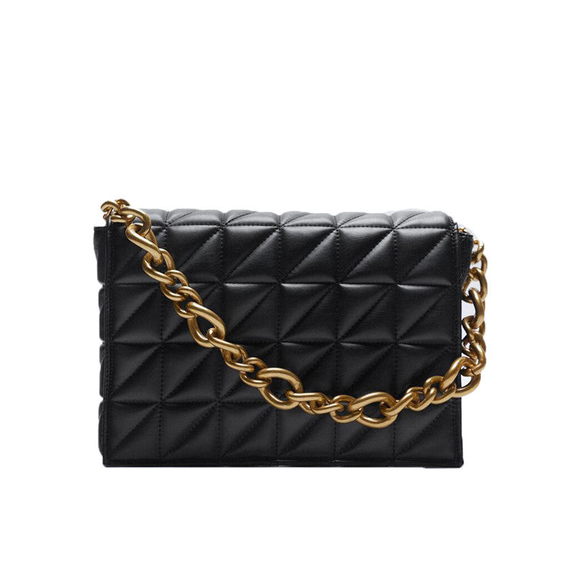 Stevvex black quilted shoulder bag with thick gold chain strap on Tampa Home & Garden Store