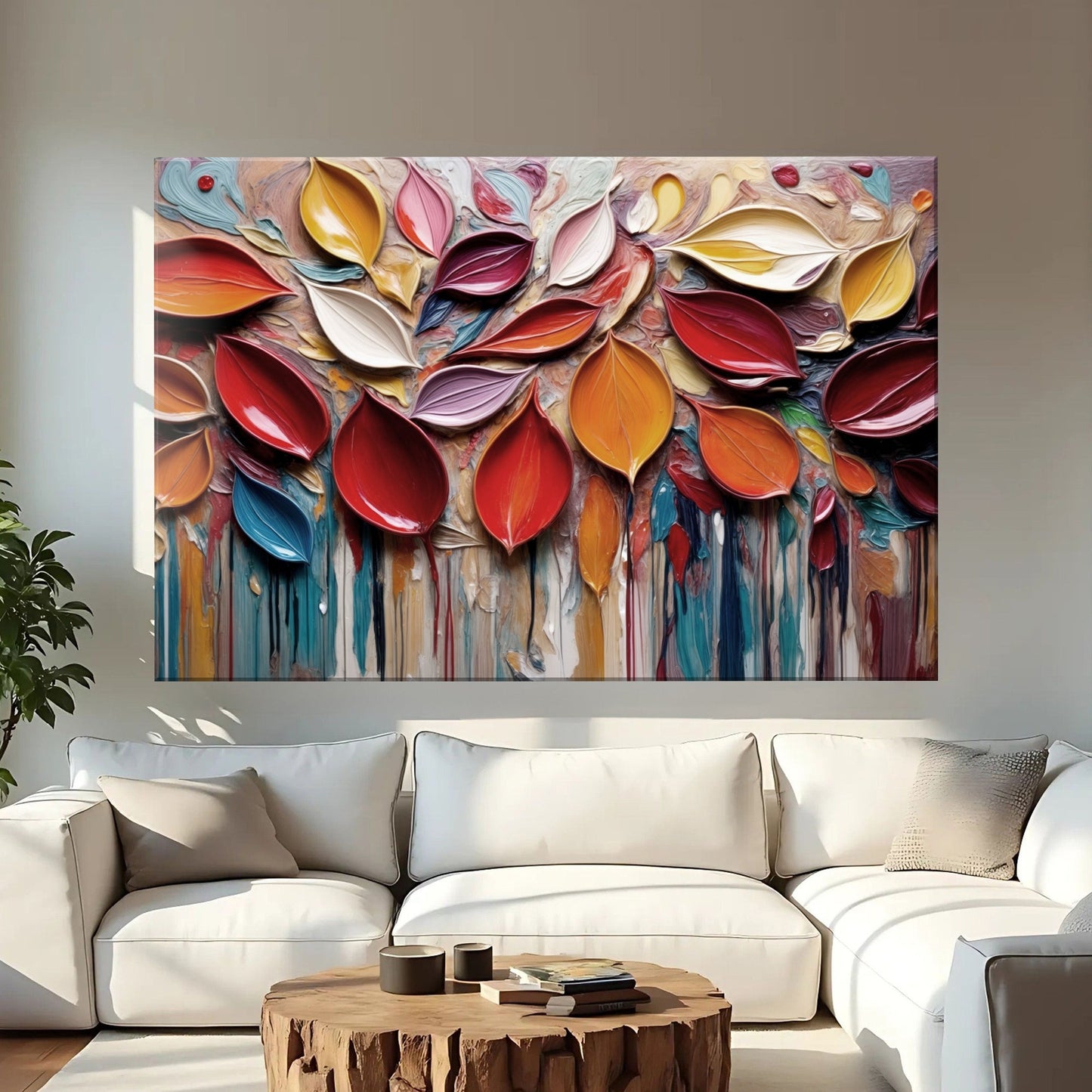 Autumn Rain Wall Art canvas with vibrant multicolor leaf shapes and thick impasto texture on Tampa Home & Garden Store