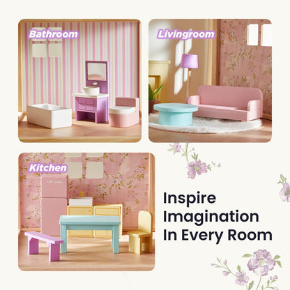 Dollhouse Sweetwood 3 room Tiny Land INC pastel bathroom living kitchen without dolls on Tampa Home & Garden Store
