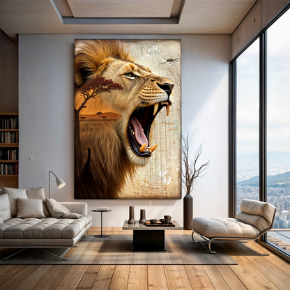 Lion Double Exposure Wall Art canvas with roaring lion and savanna backdrop Tailored Canvases on Tampa Home & Garden Store
