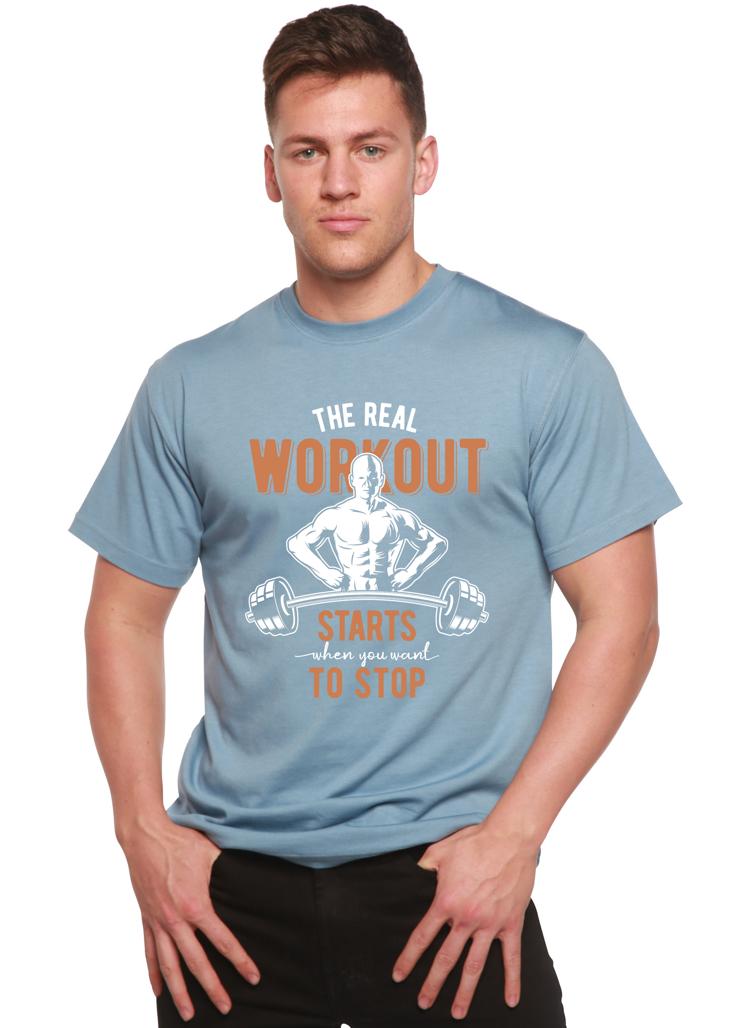 The Real Workout men's bamboo graphic tee in blue with a muscular figure lifting a barbell on Tampa Home & Garden Store