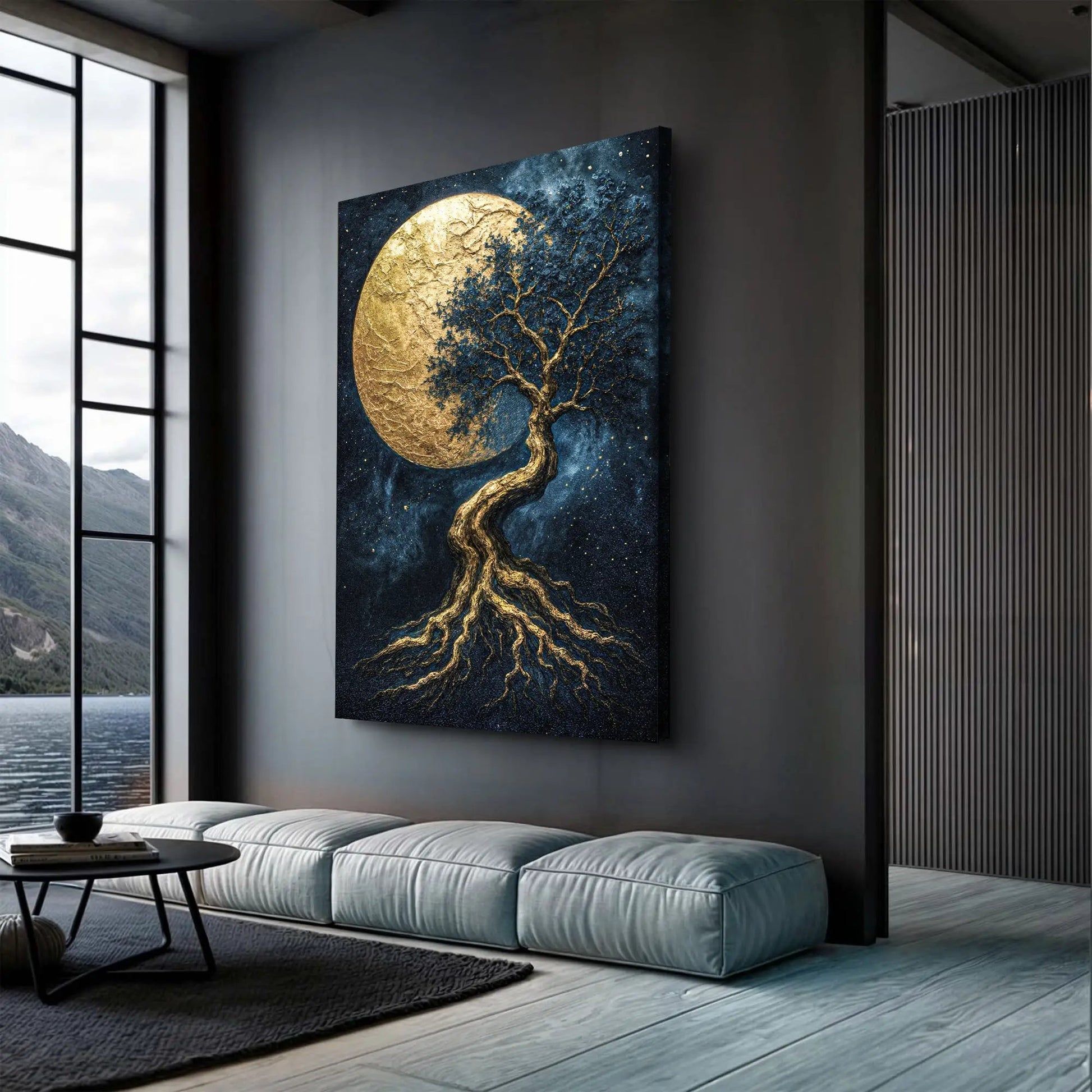 Lunar Tree of Life canvas art by Tailored Canvases, gold tree on blue night sky with moon on Tampa Home & Garden Store
