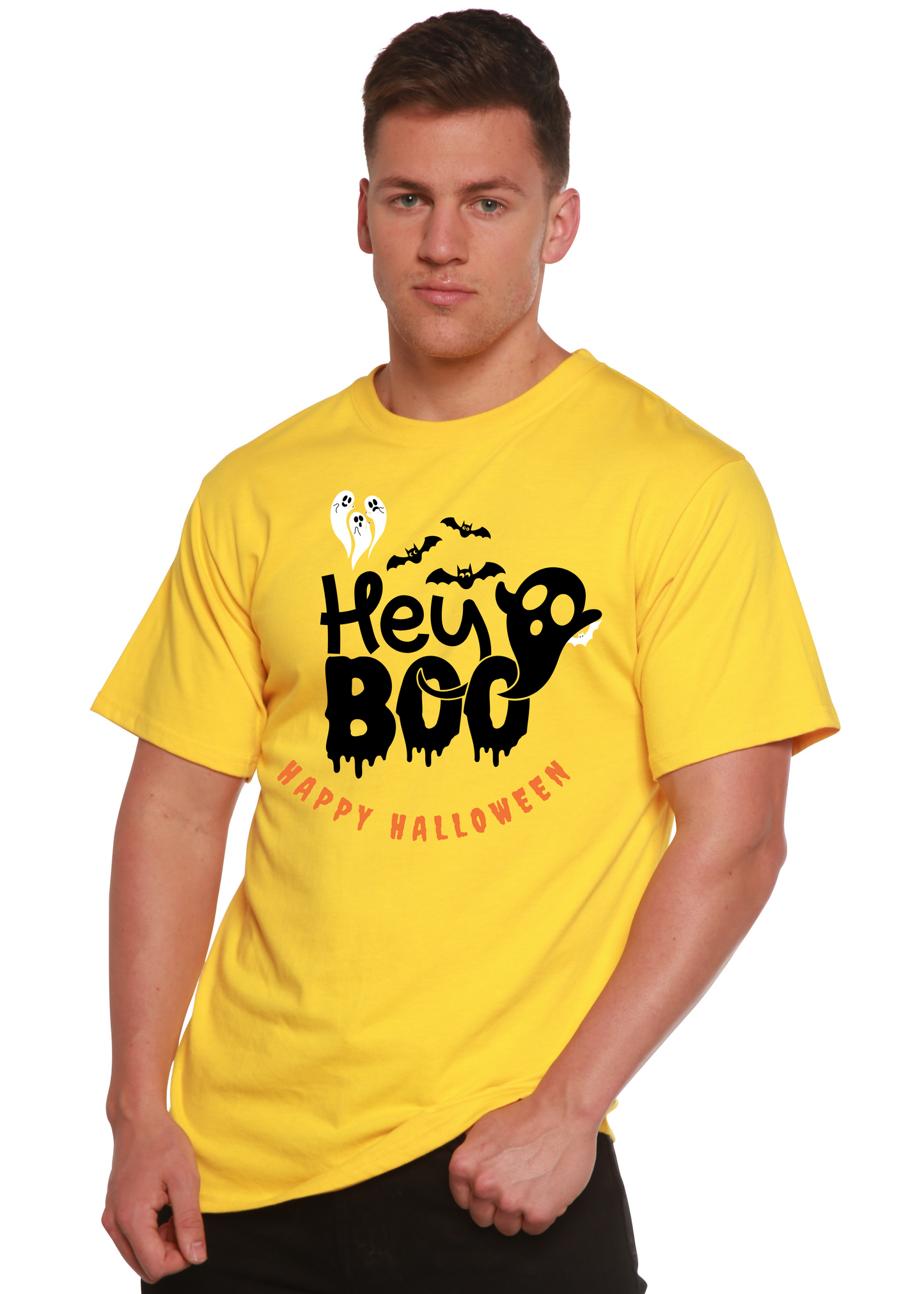 Hey Boo men's bamboo viscose organic cotton graphic T-shirt in yellow with Halloween ghost print on Tampa Home & Garden Store