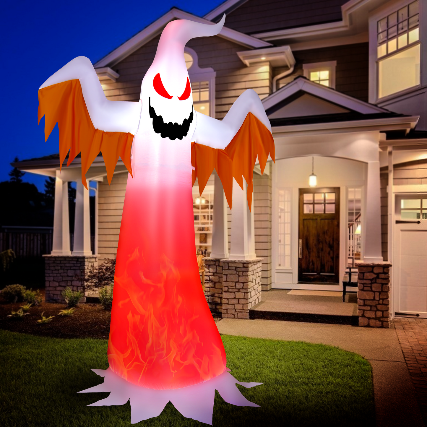8 ft DirectDeals Inflatable Ghost with LED Flame Lights; white ghost, red eyes, orange wings on Tampa Home & Garden Store