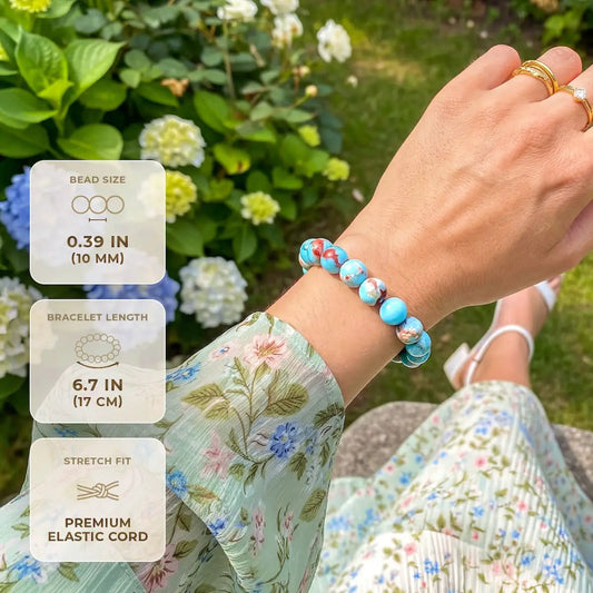 Bracelet Empath Shield Aqua Terra Jasper, turquoise beads with red veining, 6.7 in stretch cord on Tampa Home & Garden Store