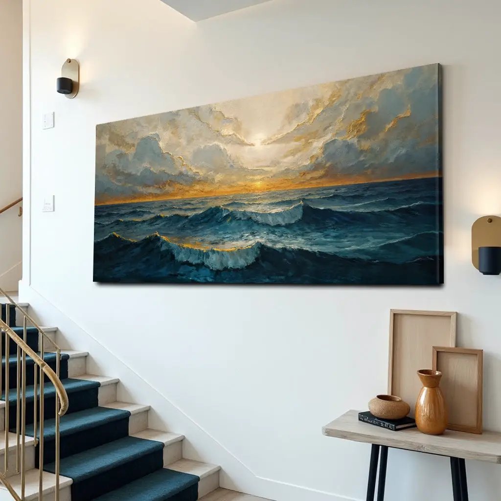 Waterscape Abstract Wall Art XI canvas with blue waves and sunset highlights Tailored Canvases on Tampa Home & Garden Store