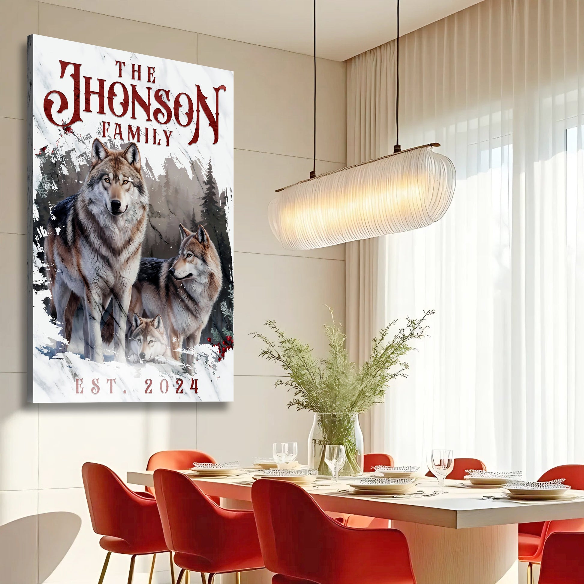 Personalized Wolf Family Canvas art with red family name text, snowy forest scene EST 2024 on Tampa Home & Garden Store