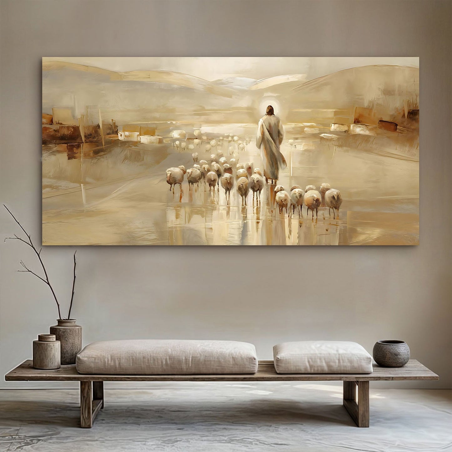 Canvas 99 Faith Wall Art IX by Tailored Canvases with a shepherd and flock in warm beige tones on Tampa Home & Garden Store