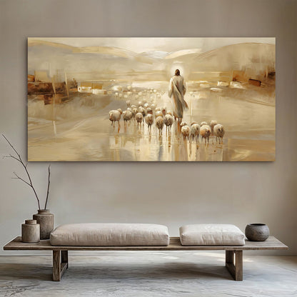 Canvas 99 Faith Wall Art IX by Tailored Canvases with a shepherd and flock in warm beige tones on Tampa Home & Garden Store
