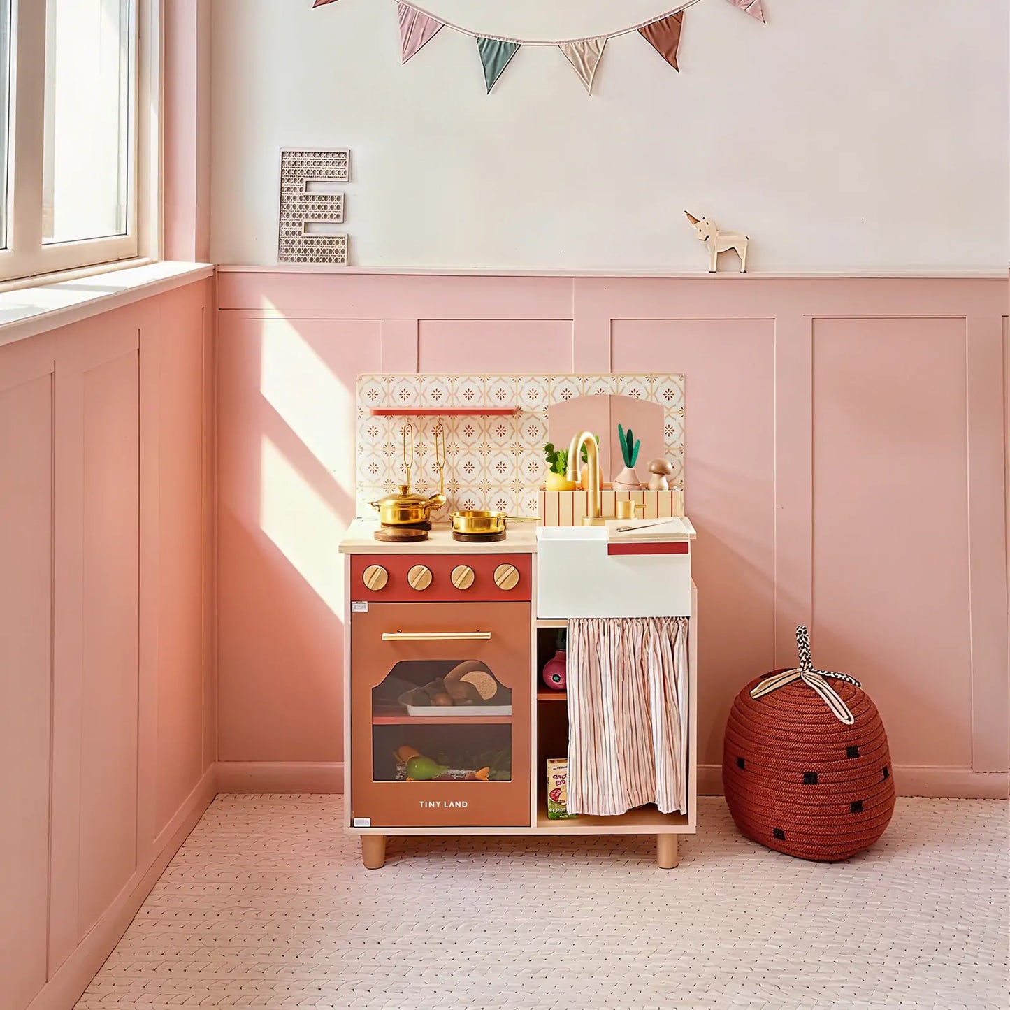 Tiny Land wooden play kitchen honey kitchenette for toddlers with pink cabinets and pots on Tampa Home & Garden Store