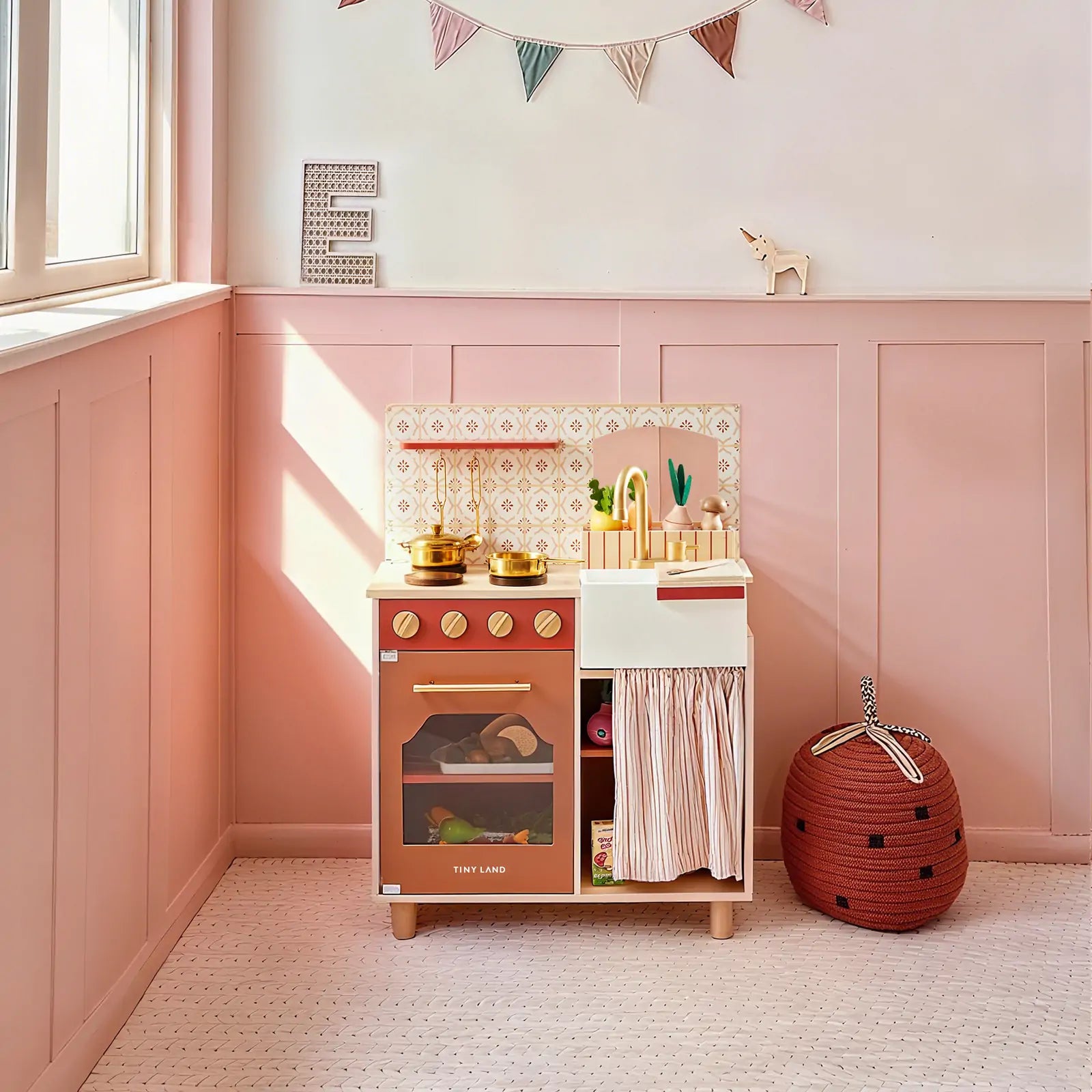 Tiny Land wooden play kitchen honey kitchenette for toddlers with pink cabinets and pots on Tampa Home & Garden Store