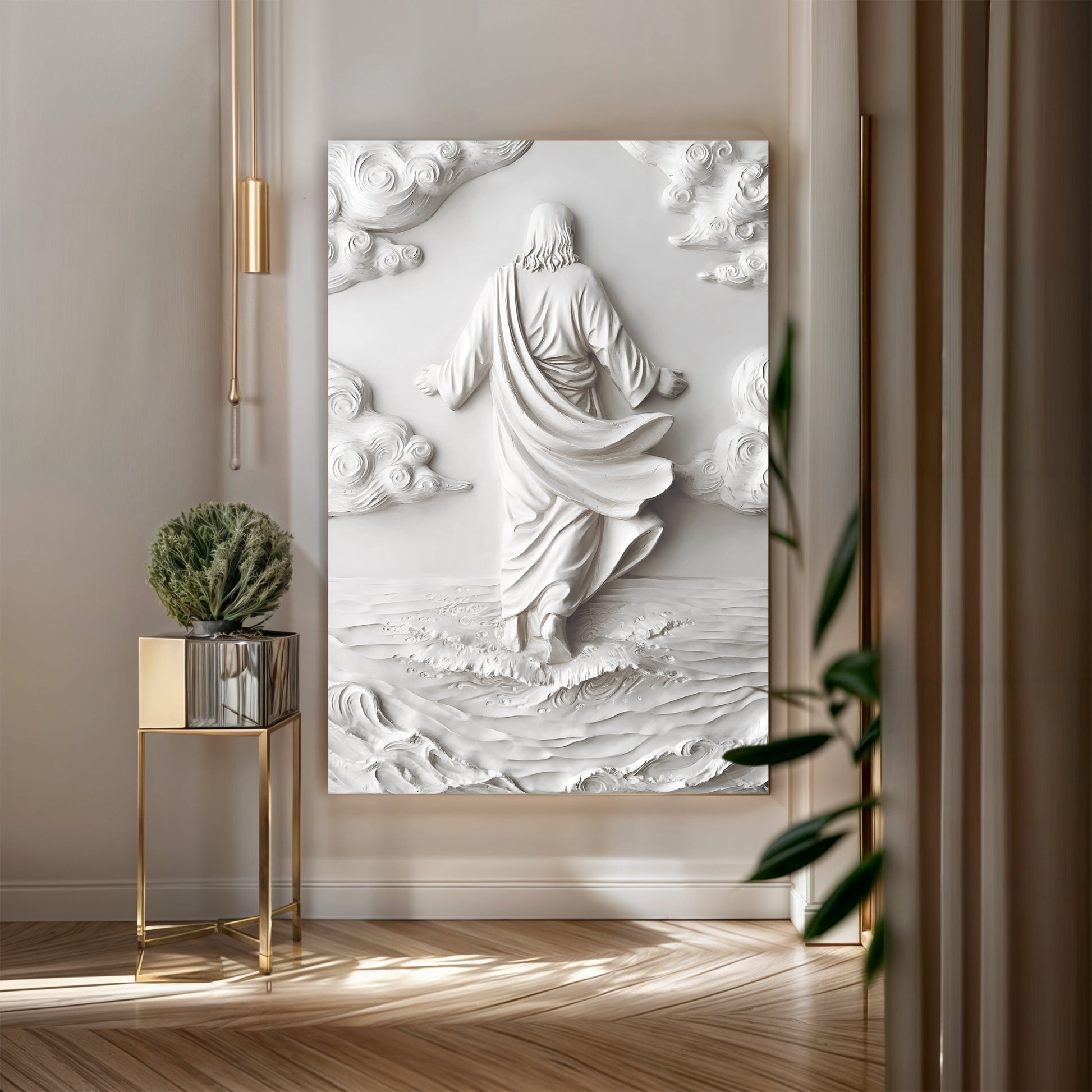 3D minimalist Jesus walking on water canvas wall art in white relief on Tampa Home & Garden Store