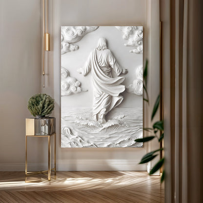 3D minimalist Jesus walking on water canvas wall art in white relief on Tampa Home & Garden Store
