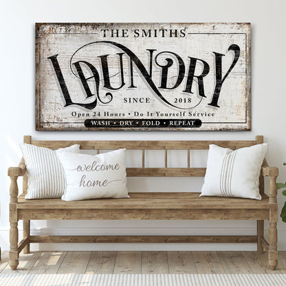 Laundry Room Sign VIII canvas by Tailored Canvases with vintage typography and London script on Tampa Home & Garden Store