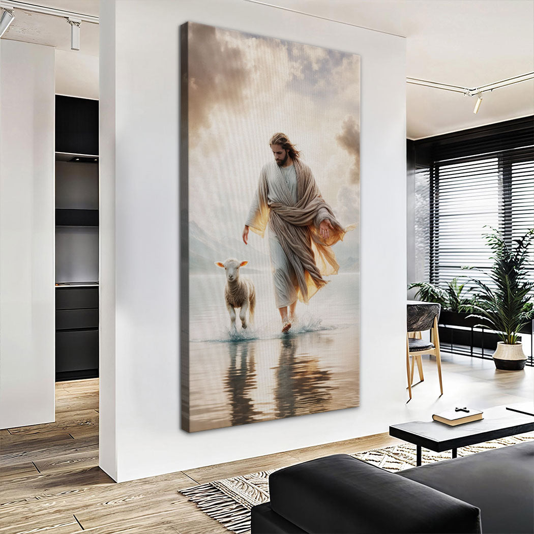 Jesus Protects The Lamb From Wolves Art canvas Tailored Canvases with lamb across water on Tampa Home & Garden Store