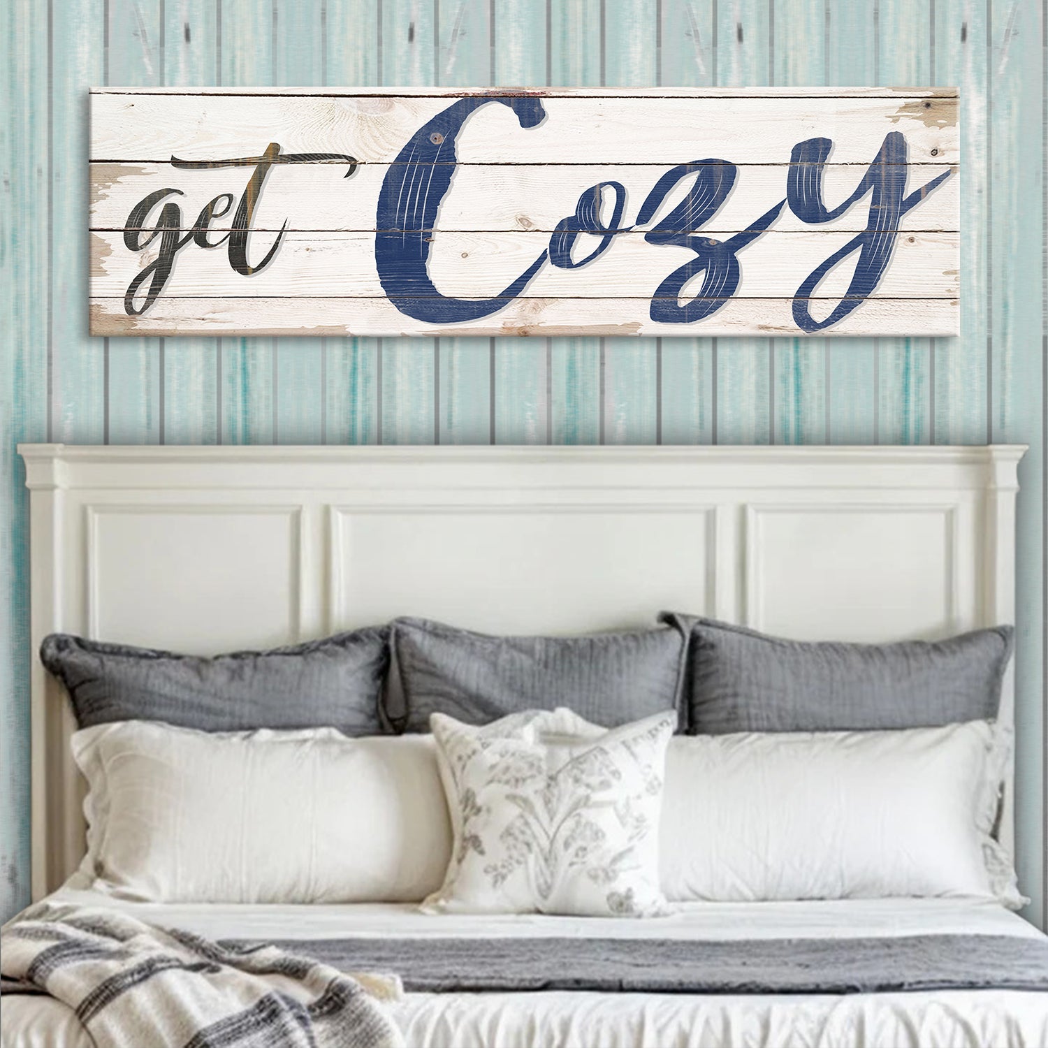 Get Cozy Sign II canvas by Tailored Canvases, rustic whitewashed wood with navy script on Tampa Home & Garden Store