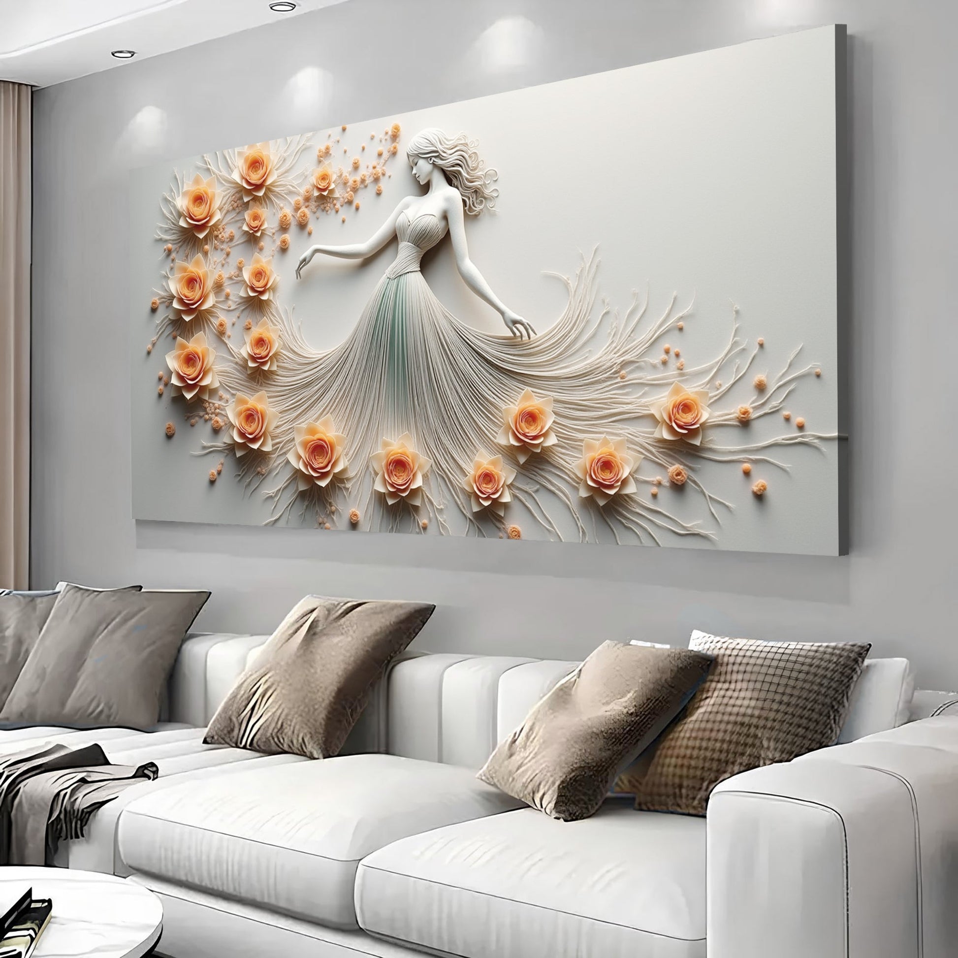 Modern Minimalist Woman Dance Wall Art canvas featuring a 3D flowing gown and peach rose accents on Tampa Home & Garden Store