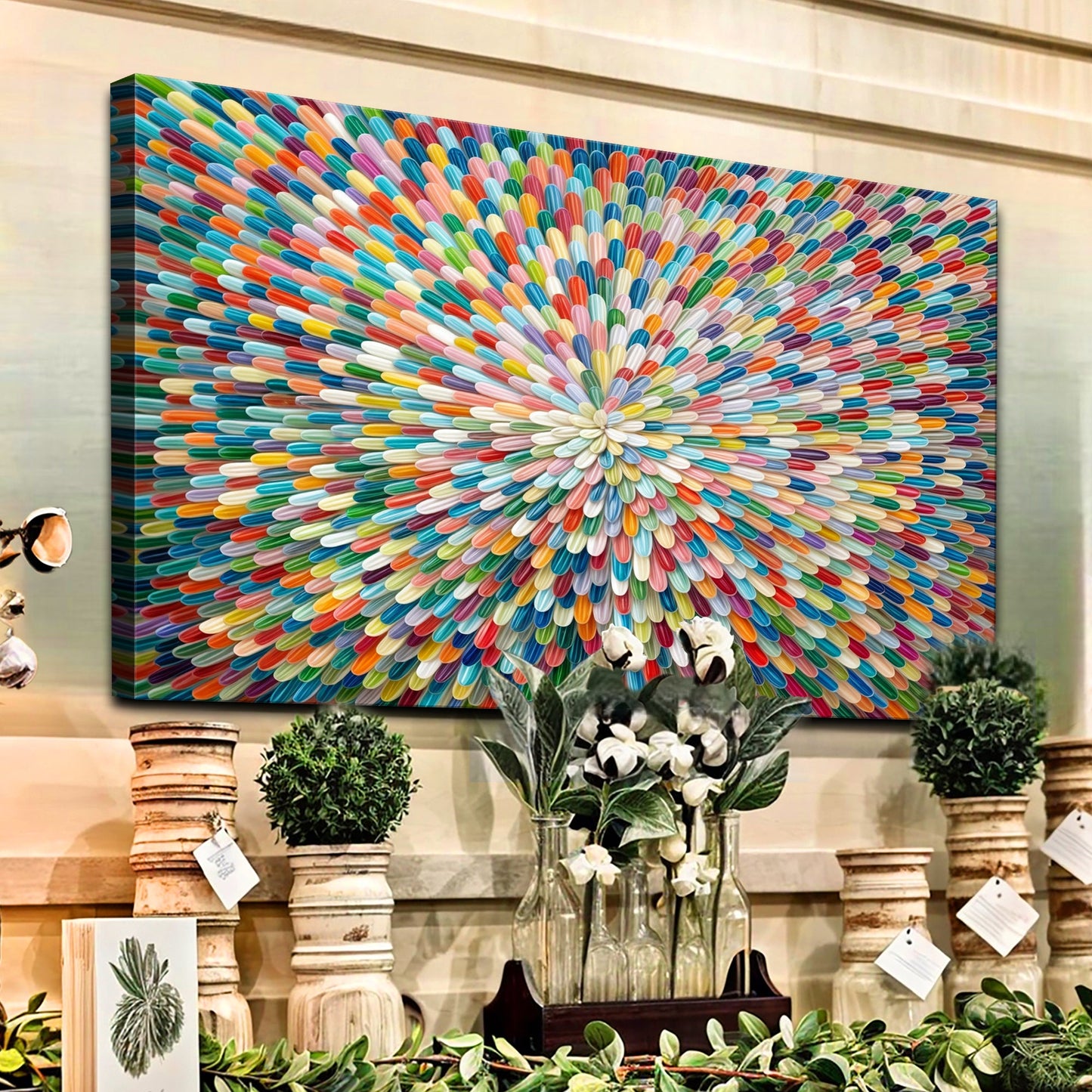Radiant Bloom Abstract Wall Art canvas by Tailored Canvases with vibrant multicolor spiral petals on Tampa Home & Garden Store
