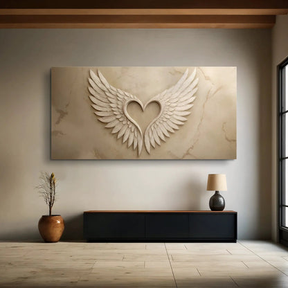 Wings Of Love Abstract Wall Art canvas by Tailored Canvases, beige panel with white winged heart on Tampa Home & Garden Store