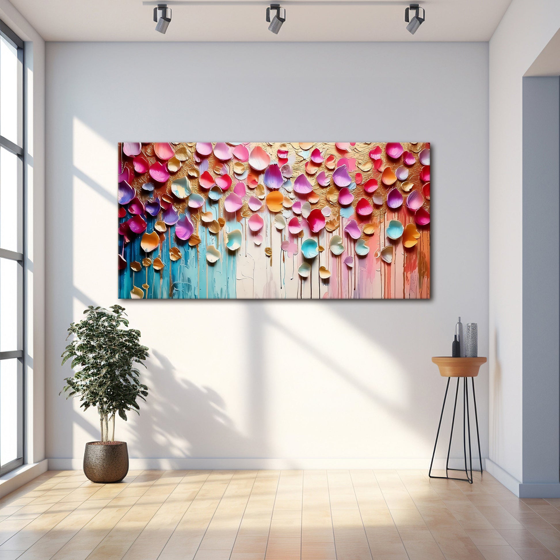 Vibrant Petals Wall Art canvas by Tailored Canvases with multicolor petals on a gold background on Tampa Home & Garden Store