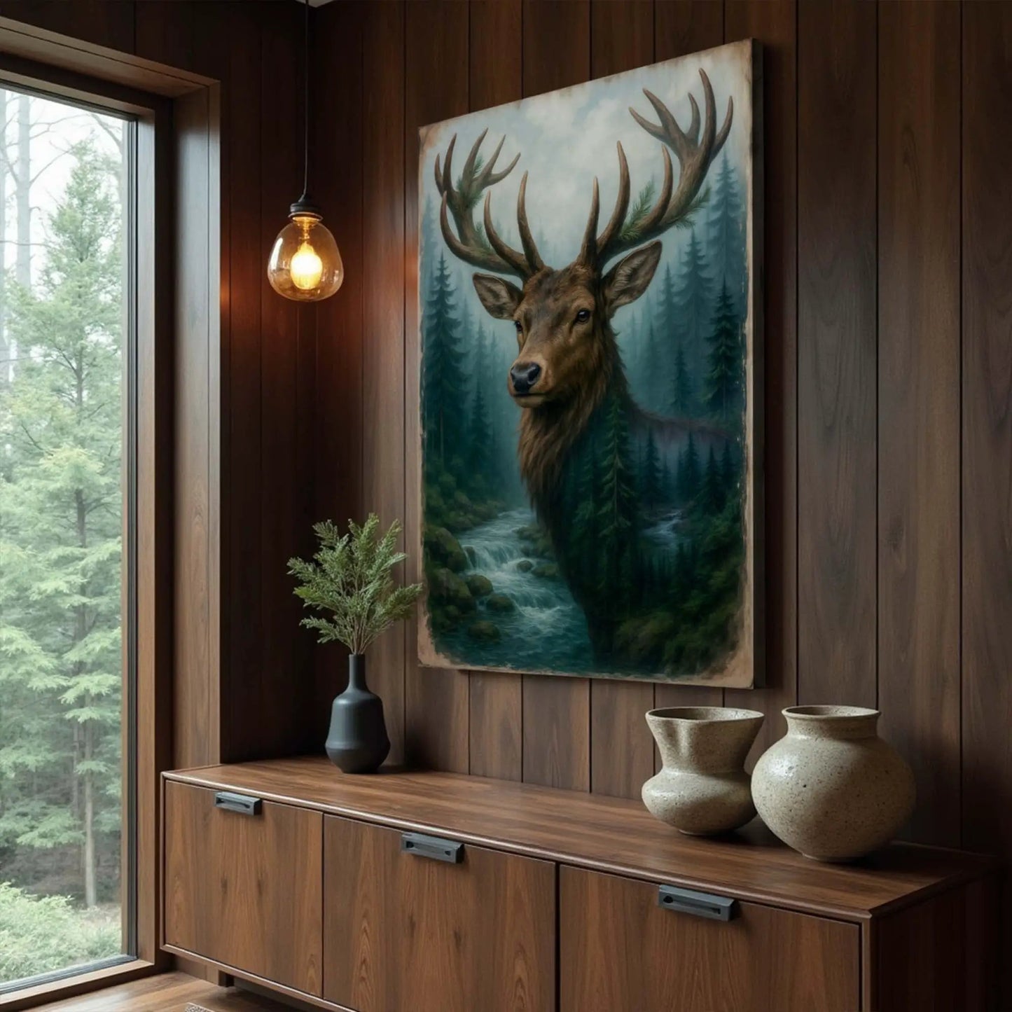 Misty Stag Double Exposure Wall Art Canvas Print