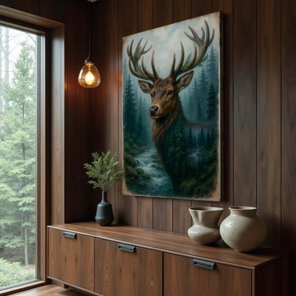Misty Stag Double Exposure Wall Art Canvas Print
