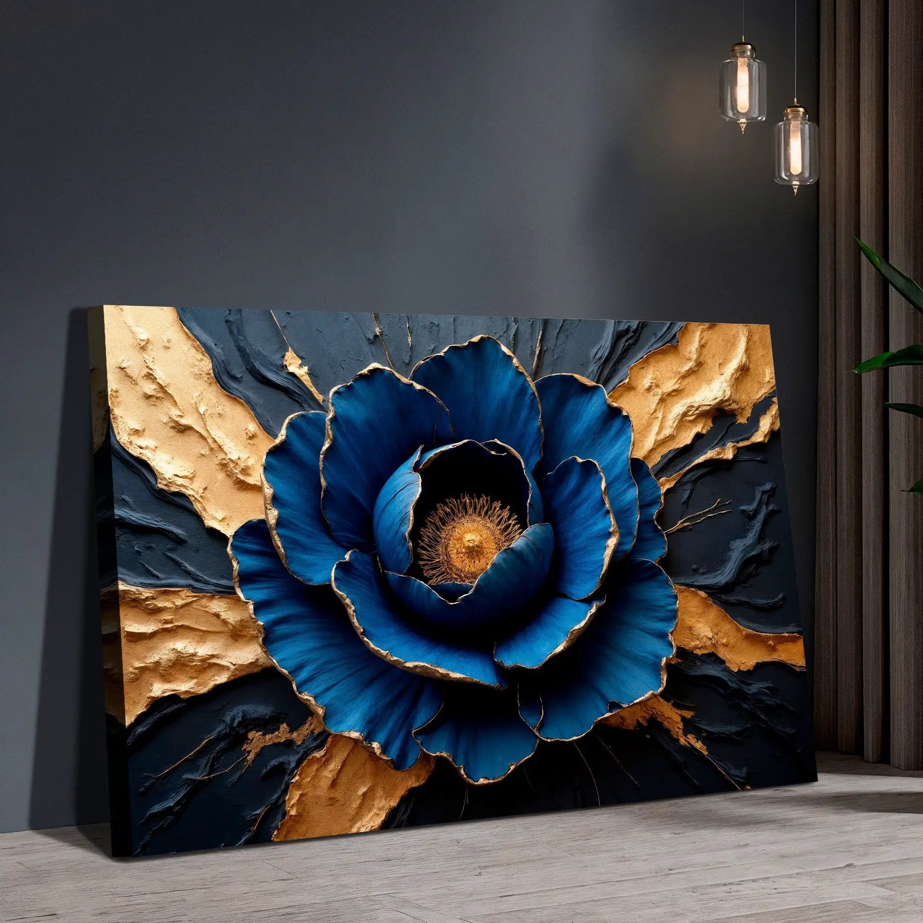 Sapphire Bloom Wall Art canvas showing a blue flower with gold-edged petals on a dark backdrop on Tampa Home & Garden Store