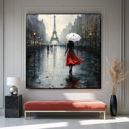 Paris Stroll Canvas by Tailored Canvases rainy Paris scene with Eiffel Tower and red dress on Tampa Home & Garden Store