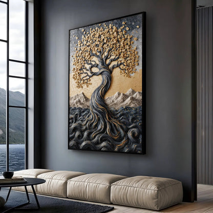 Golden Tree of Life minimalist canvas wall art by Tailored Canvases with gold tree on cracked-earth backdrop on Tampa Home & Garden Store