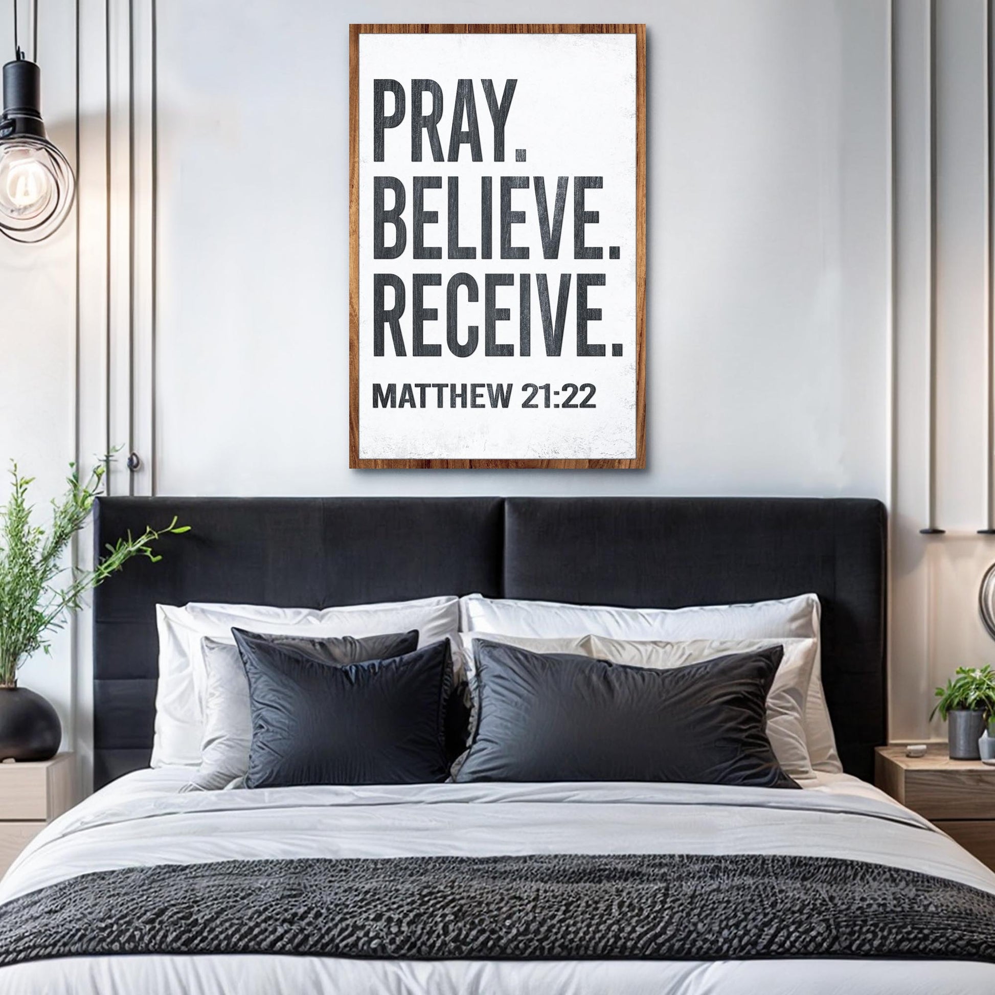 Canvas Tailored Canvases Matthew 21:22 Pray Believe Receive Faith Sign II black text white on Tampa Home & Garden Store