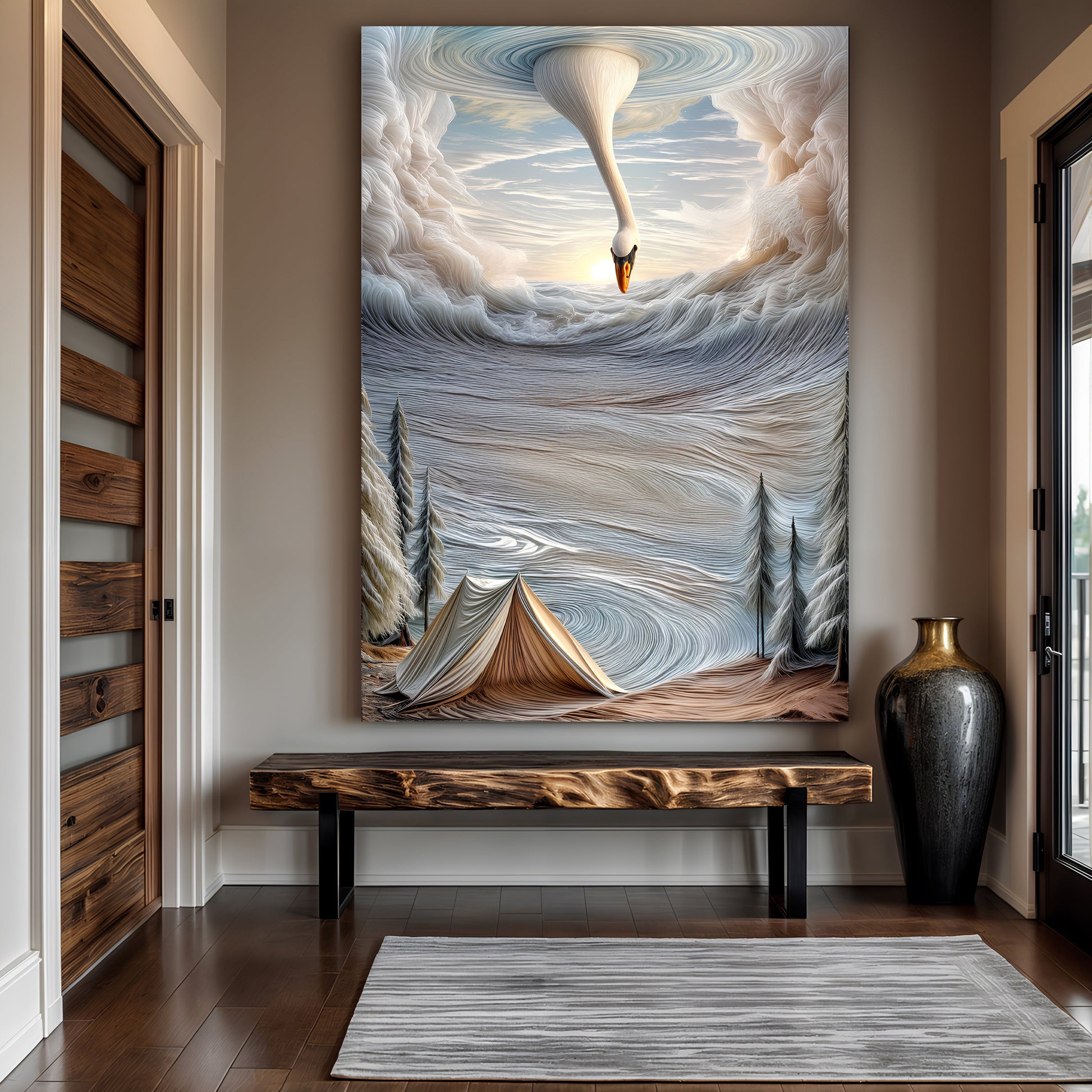 Surrealism painting canvas wall art by Tailored Canvases featuring a swan amid swirling textures on Tampa Home & Garden Store