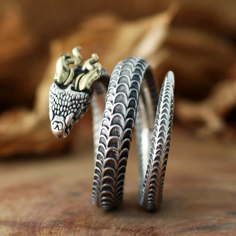 Draco Coil Ring, silver dragon-scale wrap with a gold dragon head accent by BikerZoneZ on Tampa Home & Garden Store