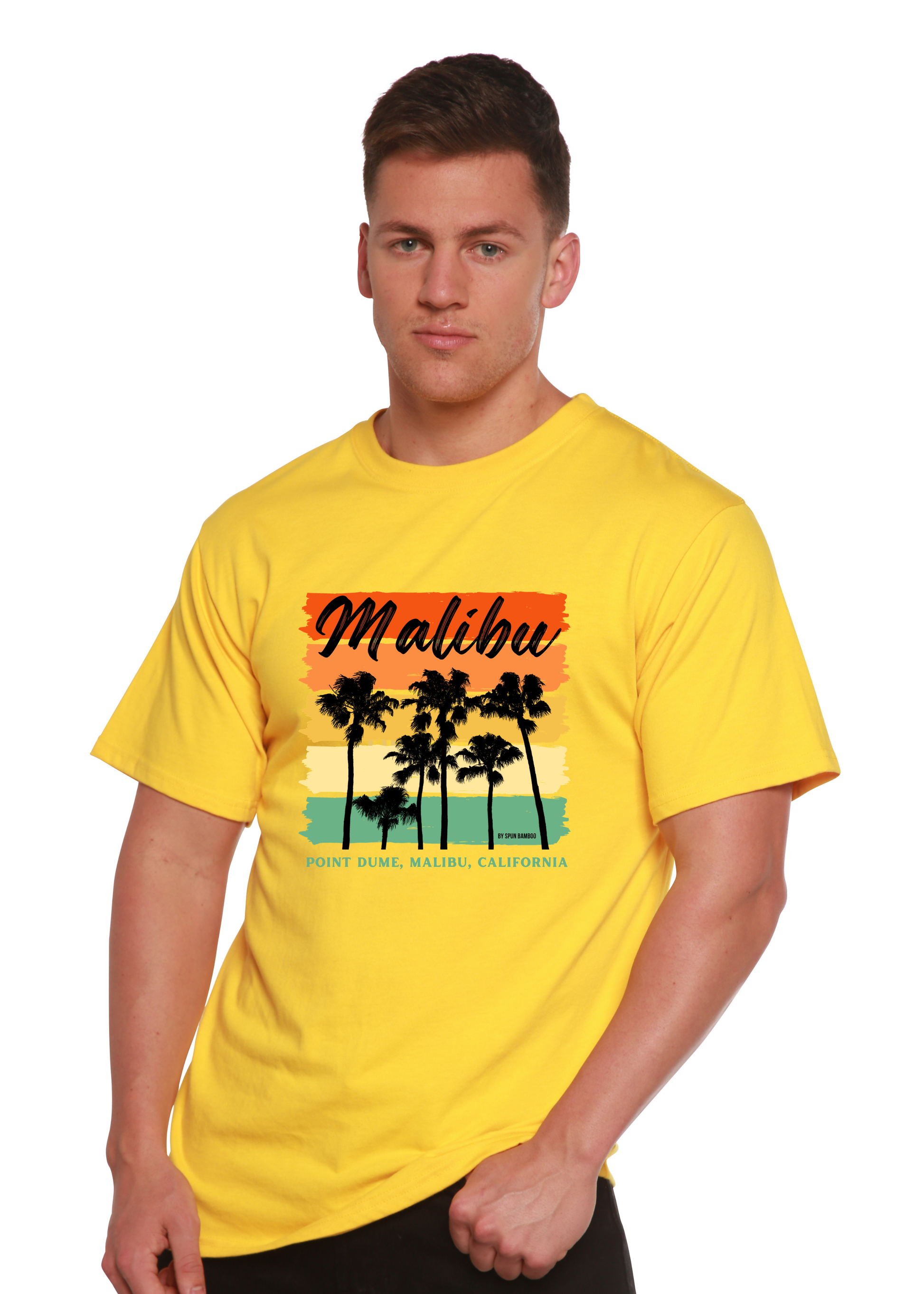 Malibu unisex graphic T-shirt in yellow with palm print by Spun Bamboo on Tampa Home & Garden Store