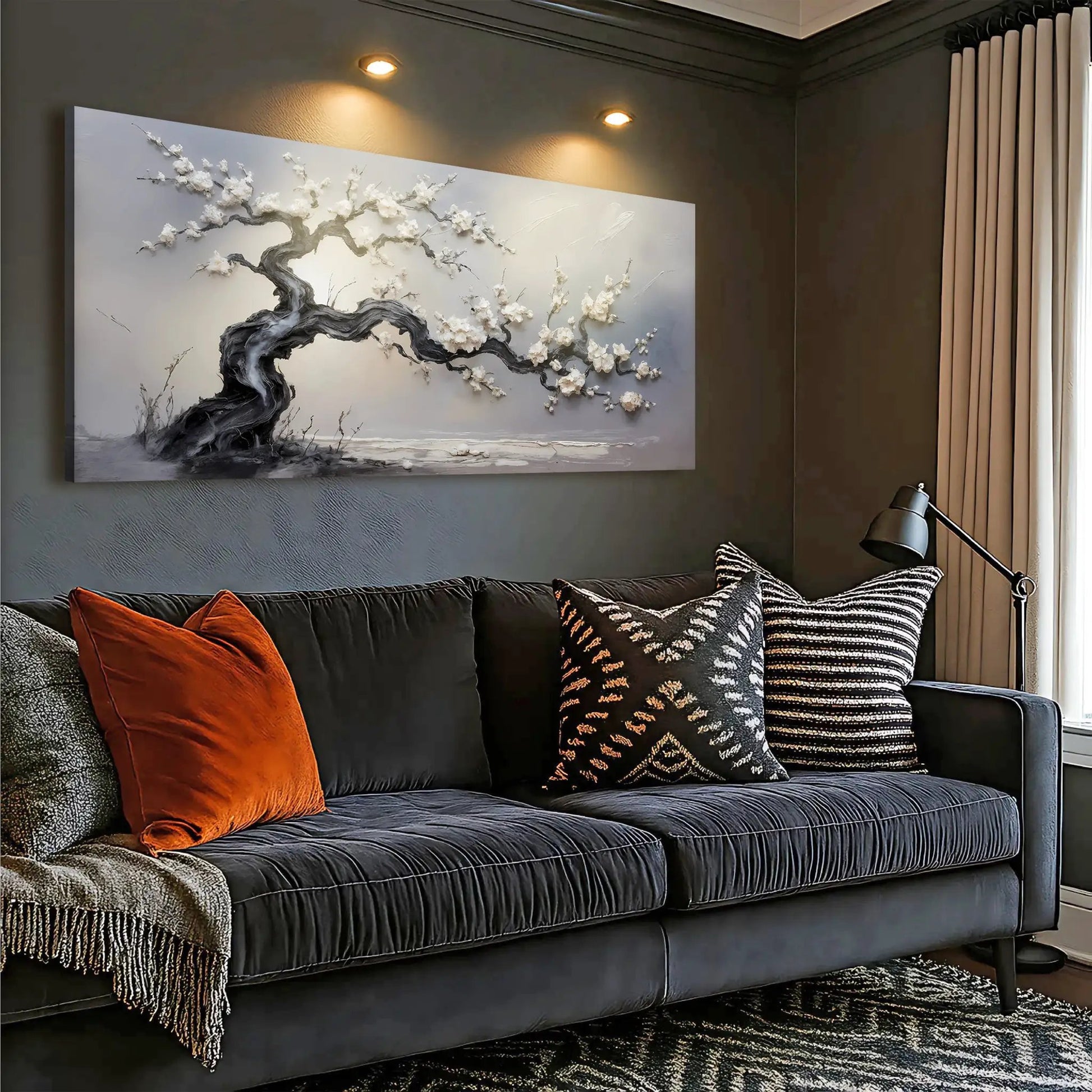White Blossom Wall Art canvas by Tailored Canvases; flowering tree on a dark living room wall on Tampa Home & Garden Store
