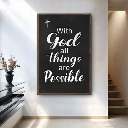 Canvas faith sign black with white text With God All Things Are Possible wood frame on Tampa Home & Garden Store