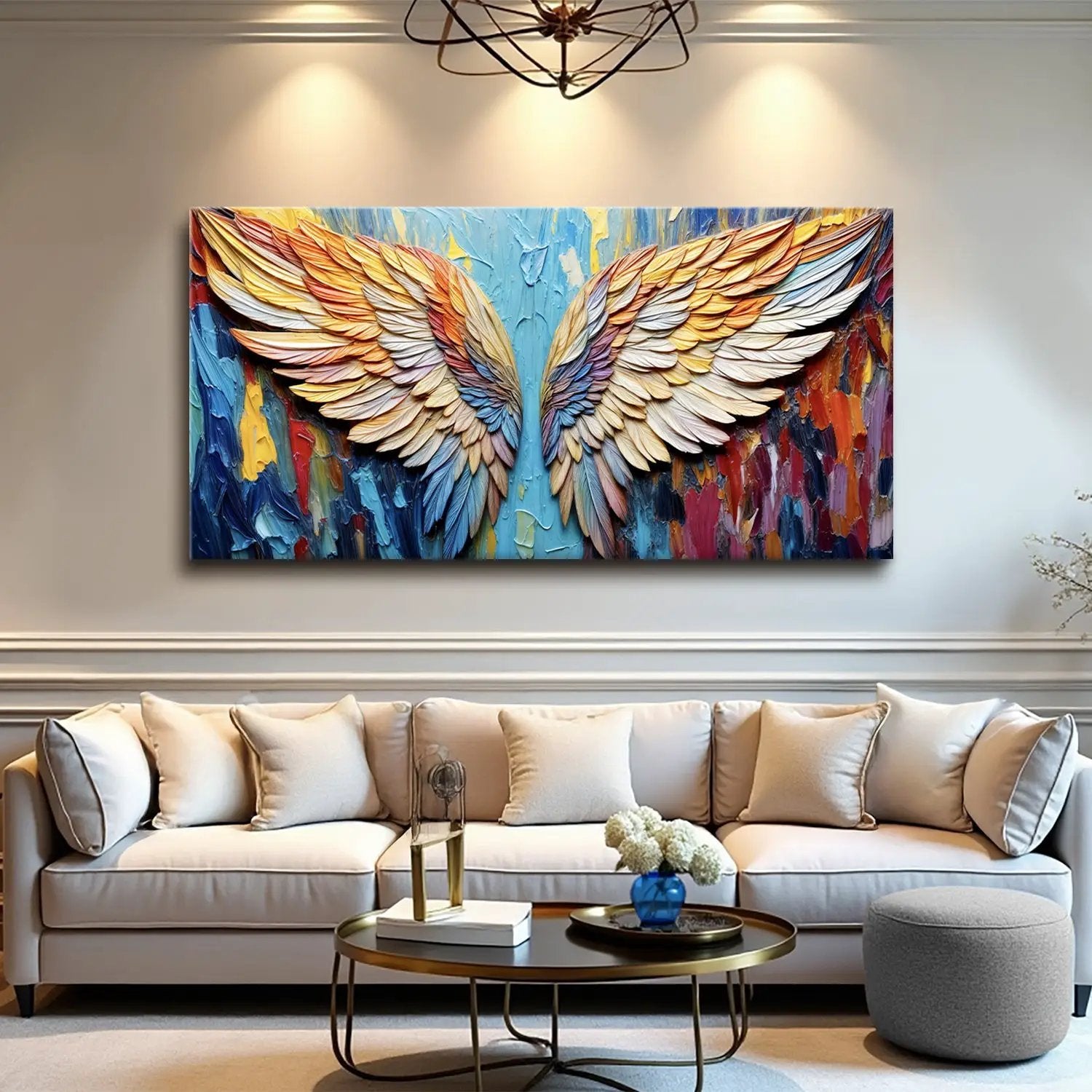 Wings of Hope wall art canvas with vibrant multicolor feathered wings and textured relief on Tampa Home & Garden Store