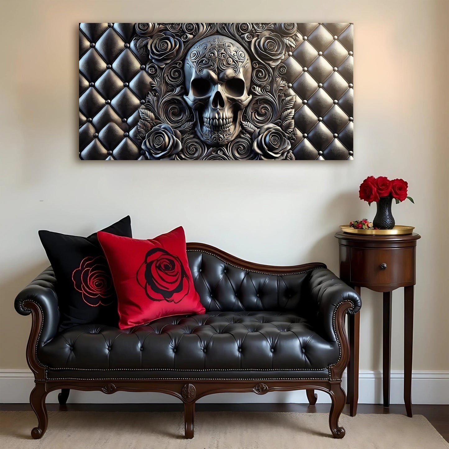 Canvas wall art 3D Rose and Skull IV; skull with roses against a metallic tufted backdrop on Tampa Home & Garden Store