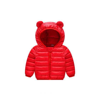 Stevvex baby puffer jacket red with bear-ear hood on Tampa Home & Garden Store