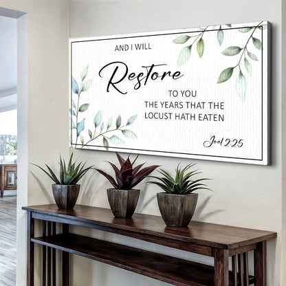 Canvas faith sign And I Will Restore To You by Tailored Canvases with green botanical leaf border on Tampa Home & Garden Store