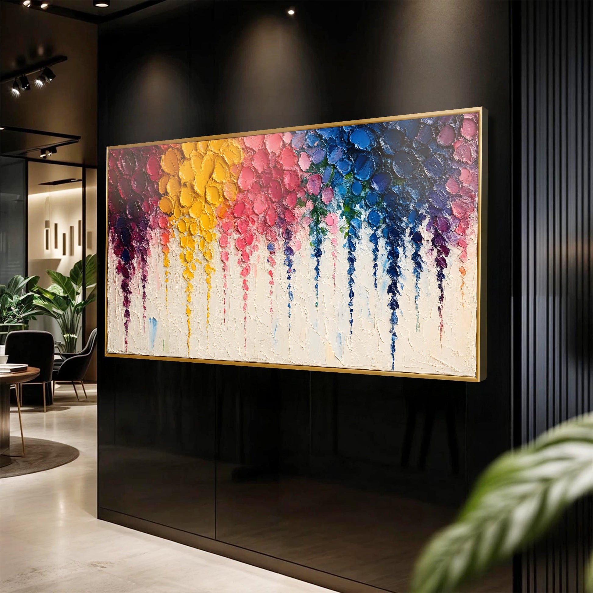 Rainbow Cascade Canvas by Tailored Canvases, textured rainbow palette on wood-framed crafting canvas on Tampa Home & Garden Store