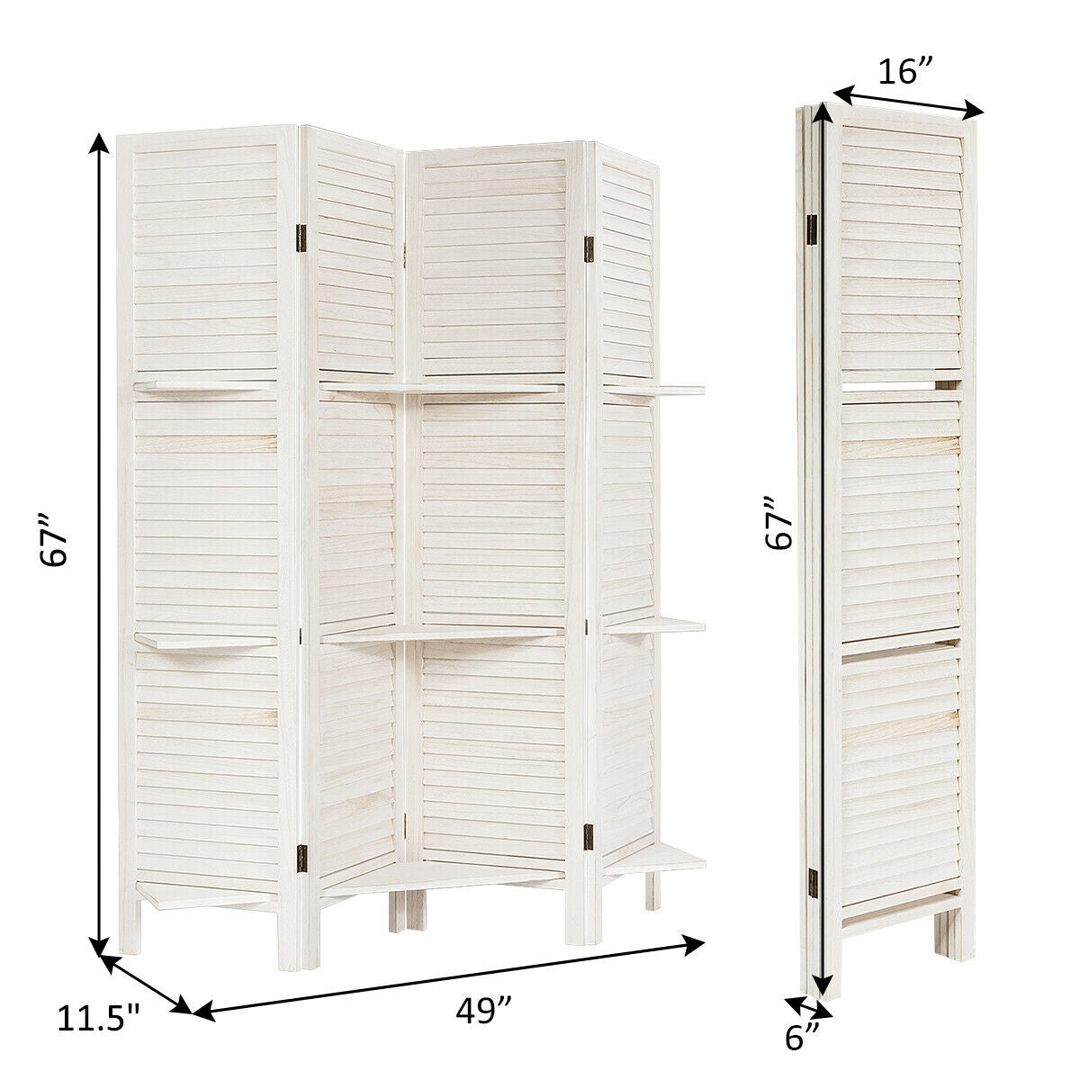 Biombo Divisor de Ambientes Plegable de 4 Paneles con 3 Estantes de Exhibición - Blanco