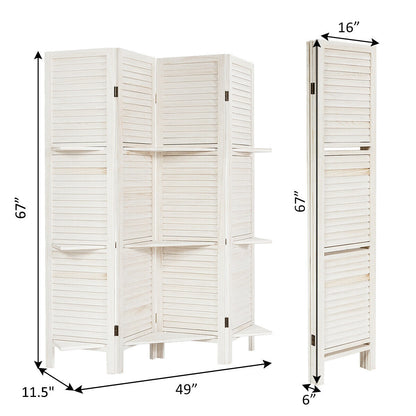 Biombo Divisor de Ambientes Plegable de 4 Paneles con 3 Estantes de Exhibición - Blanco