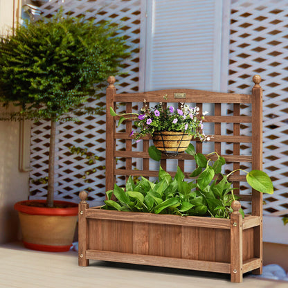 Wood planter box with lattice trellis; weather-resistant outdoor design with hanging basket on Tampa Home & Garden Store