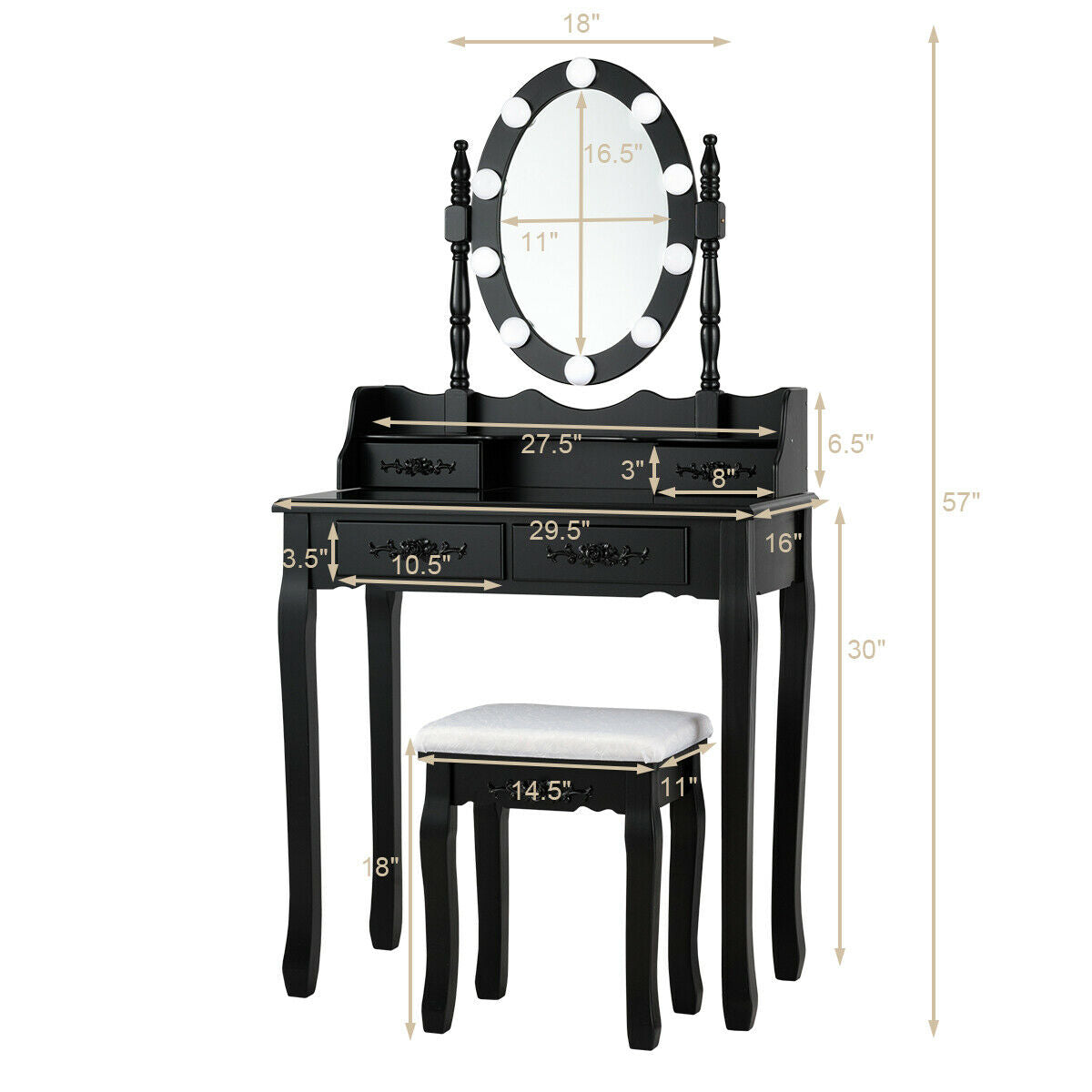 Tocador de Maquillaje con Espejo Iluminado con Interruptor Táctil y Taburete Acolchado-Negro