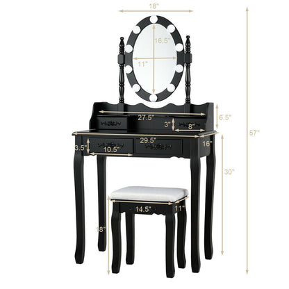 Tocador de Maquillaje con Espejo Iluminado con Interruptor Táctil y Taburete Acolchado-Negro